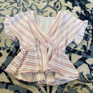 Red pink white and black striped blouse